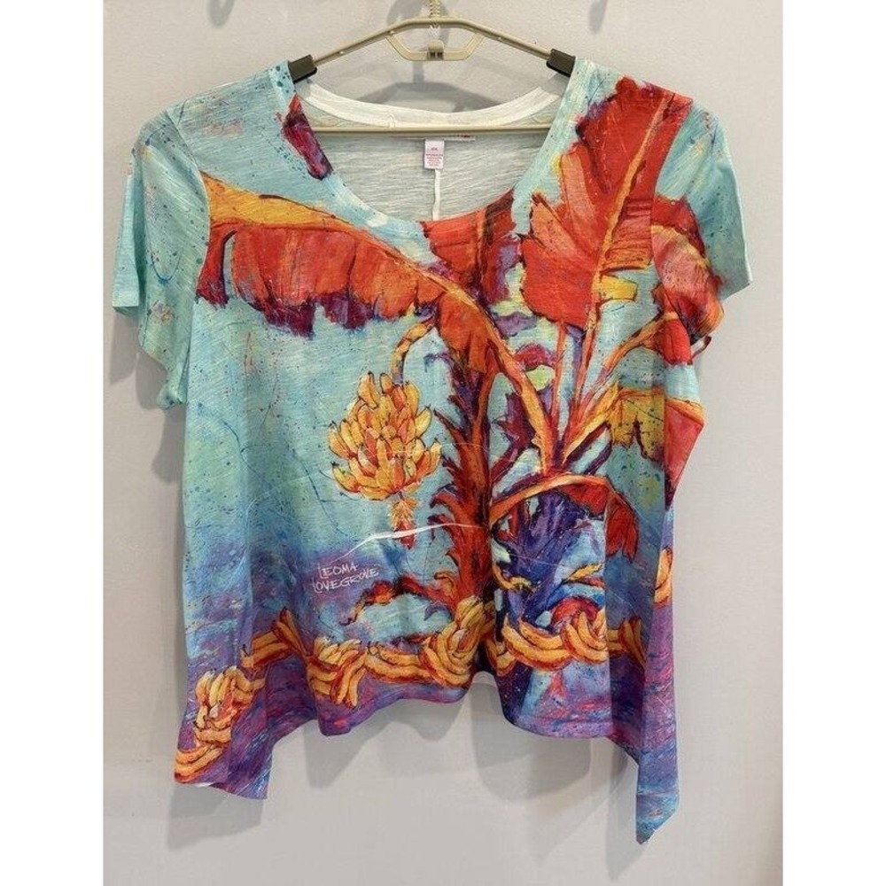 Leoma Lovegrove Short Sleeve Sharkbite Shirt Seamed Aqua Palm Banana‎ Size XXL